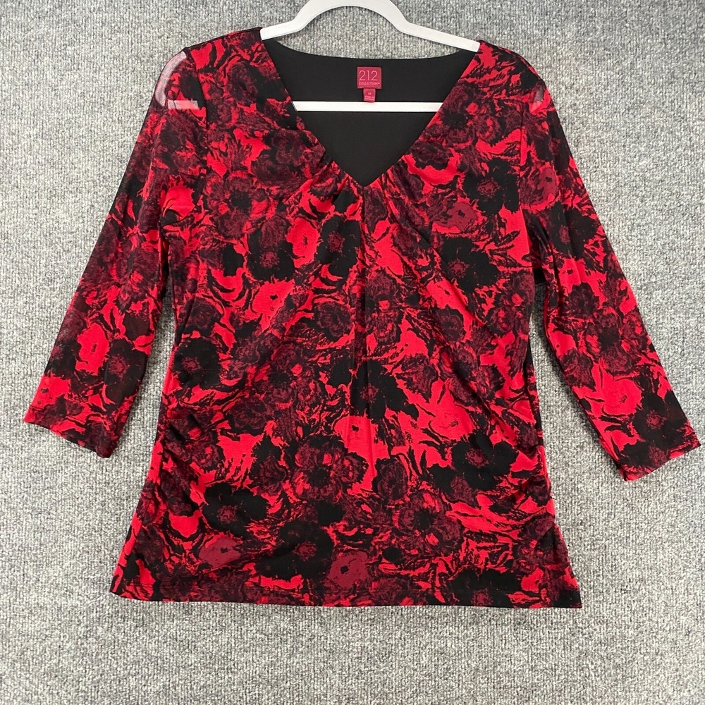 212‎ Collection Top Womens M Black Red Floral V-Neck Whimsigoth Vamp Romantic